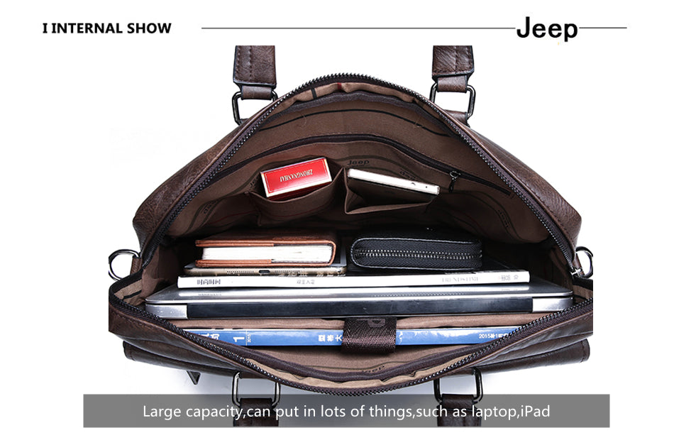 JEEP BULUO Men's Business Handbag Hot Large Capacity Leather Briefcase Bags For Man 13.3 inches Laptop Work Travel Bag