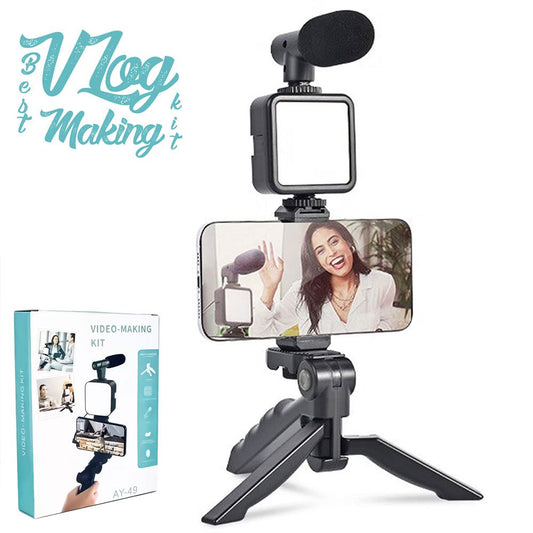 AY-49 Video Making Kit Wireless Remote Control Vlogging Tripod Microphone, Led Light, Mobile Holder All-In-One in