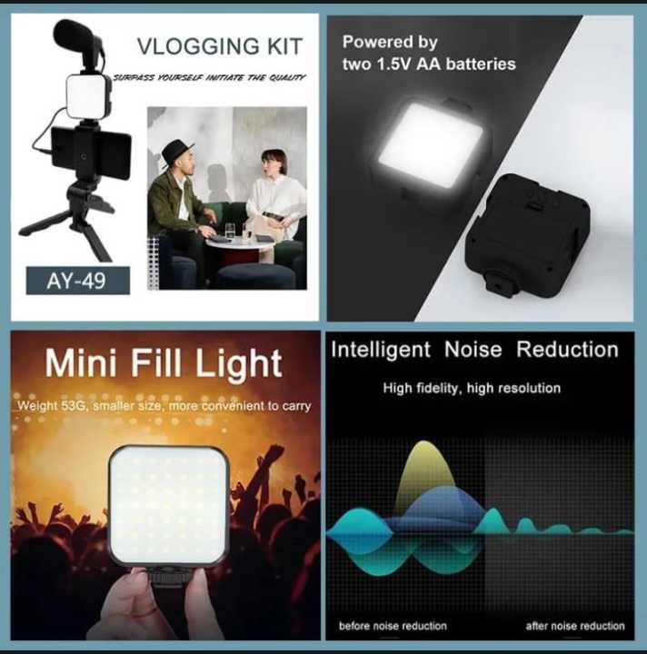AY-49 Video Making Kit Wireless Remote Control Vlogging Tripod Microphone, Led Light, Mobile Holder All-In-One in