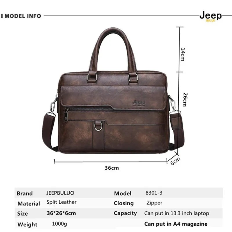 JEEP BULUO Men's Business Handbag Hot Large Capacity Leather Briefcase Bags For Man 13.3 inches Laptop Work Travel Bag