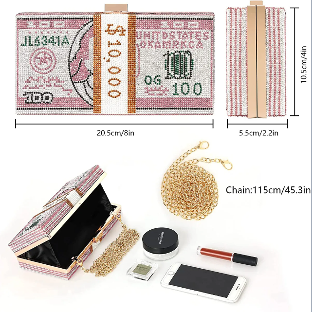 Dollar Clutch Purse for Women from Covelin, Rhinestone Evening Handbag Money Bag