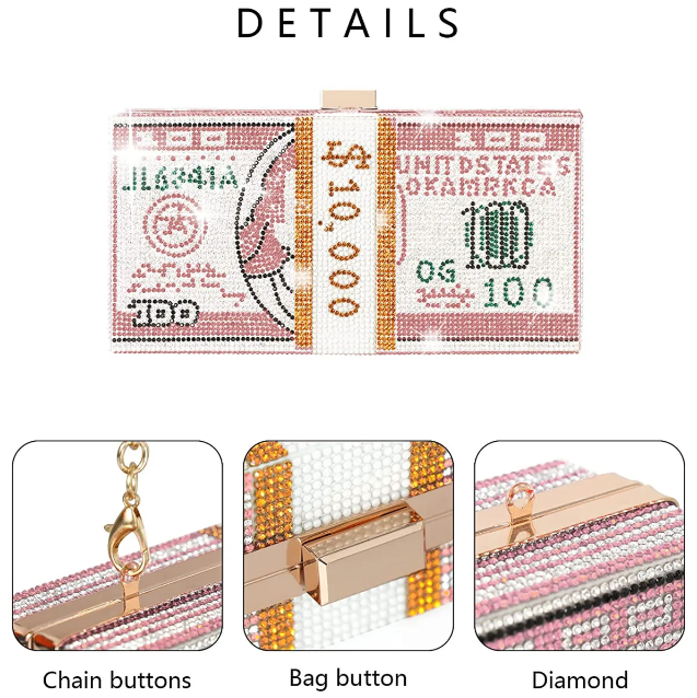 Dollar Clutch Purse for Women from Covelin, Rhinestone Evening Handbag Money Bag
